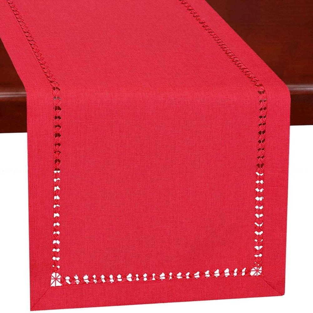 Handmade Hemstitched Red Table Runner, 14"x90"